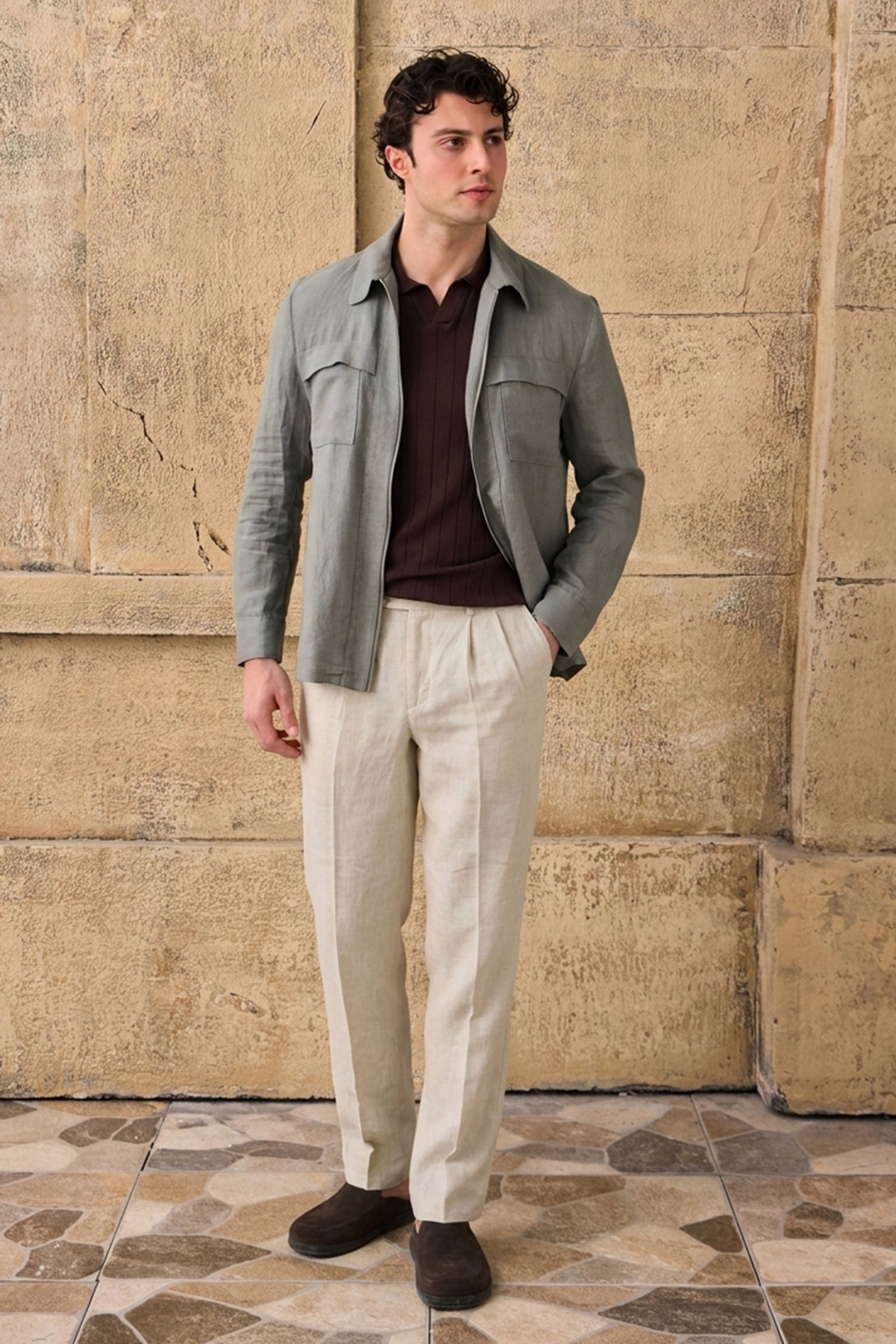 Men's Sage Green Zip Linen Jacket & Beige Trousers Set Smart Casual Su Happy Gentleman Men's Sage Green Zip Linen Jacket & Beige Trousers Set Smart Casual Su Happy Gentleman