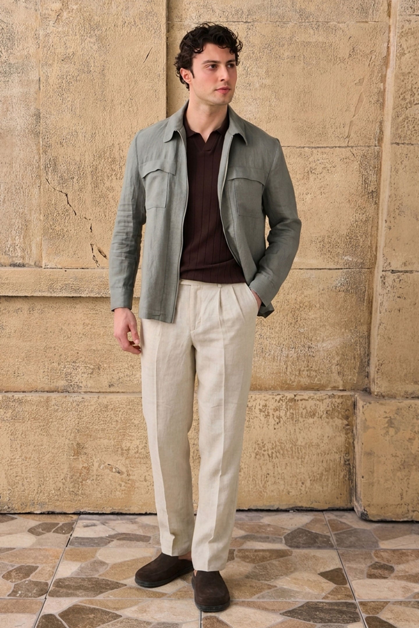 Men’s Sage Green Zip Linen Jacket & Beige Trousers Set Smart Casual Summer Outfit
