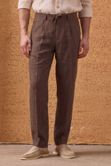 Men’s Sage Green Zip Linen Jacket & Brown Trousers Set Smart Casual Summer Outfit