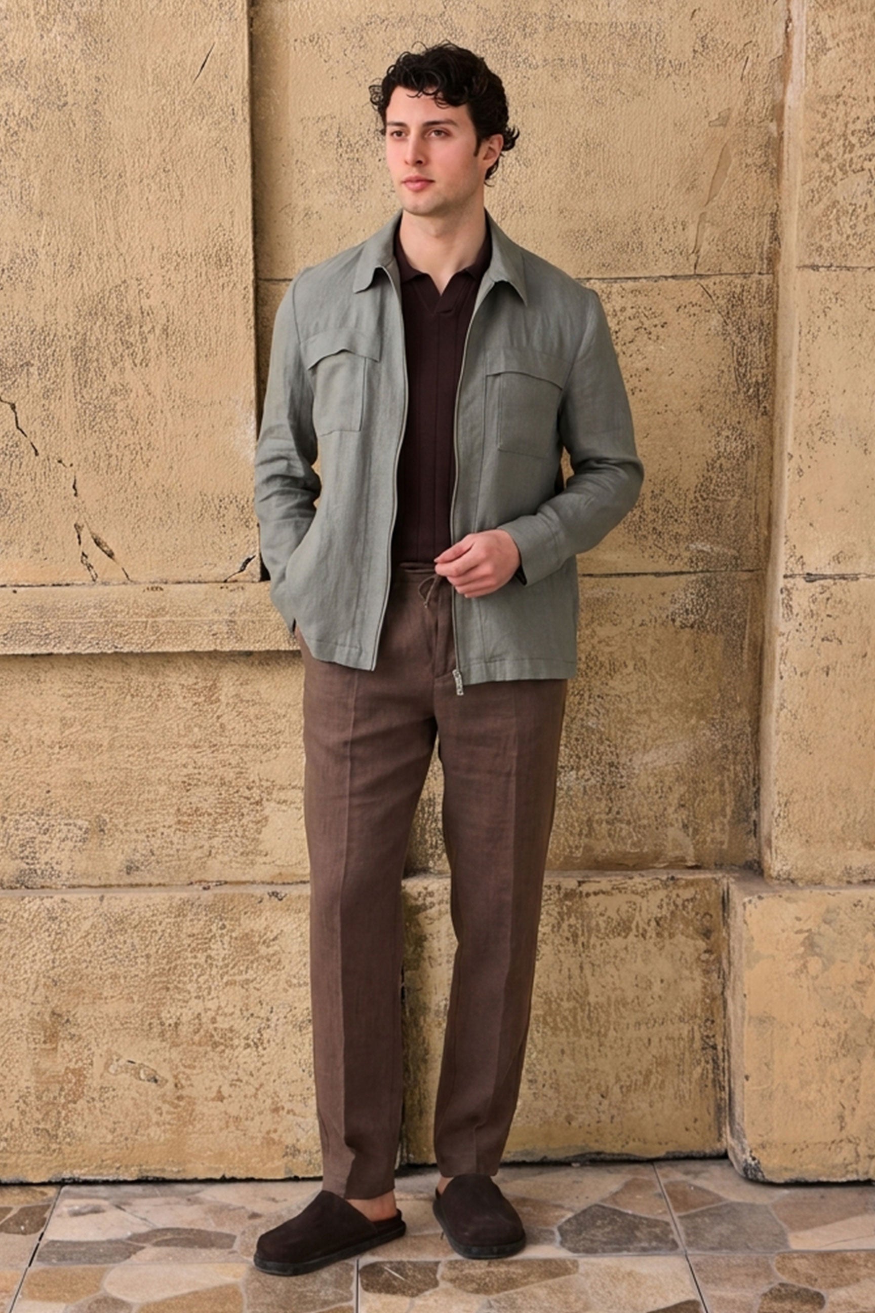 Men's Sage Green Linen Zip Jacket & Brown Trousers Set Smart