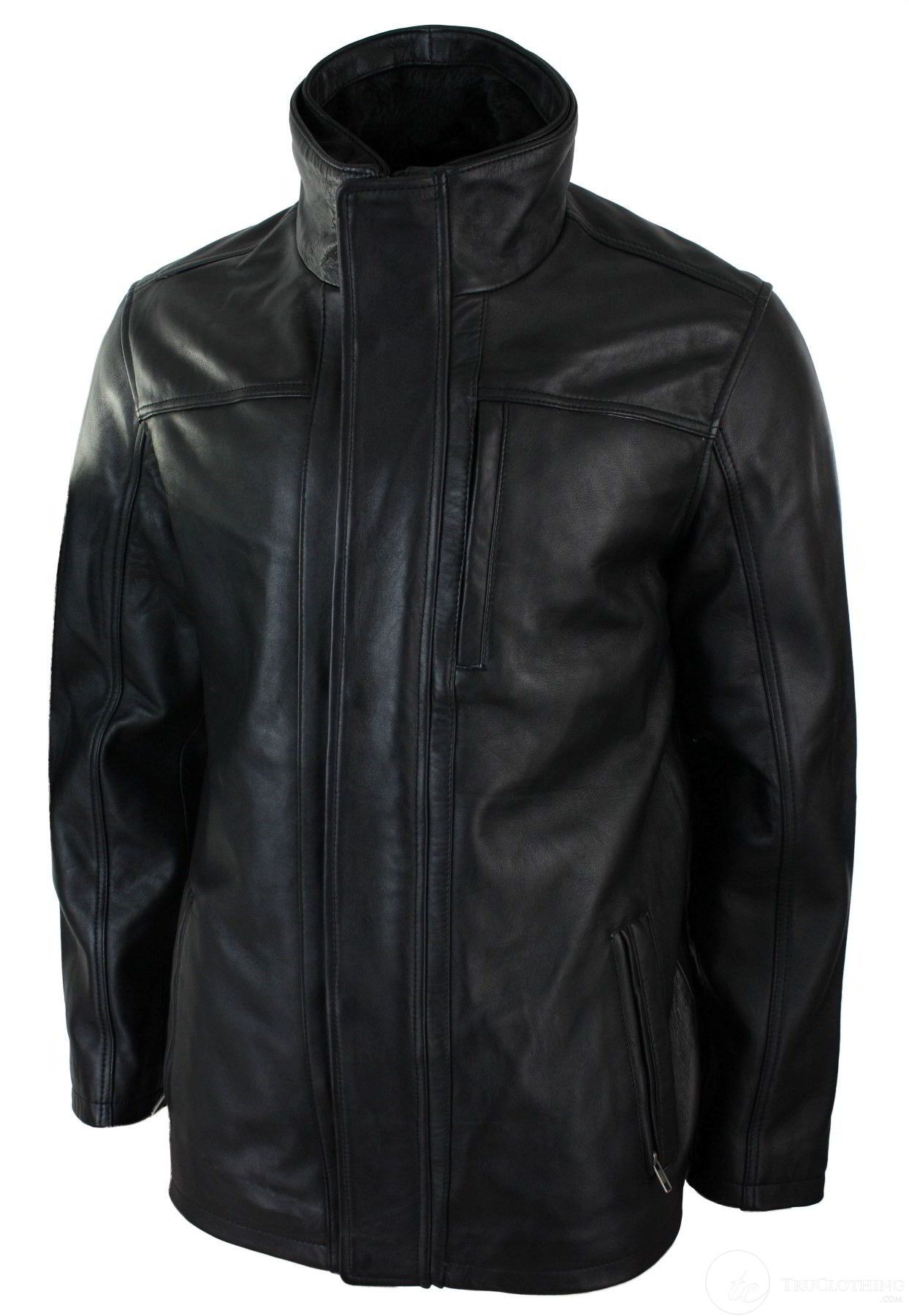 Mens 3/4 Real Leather Safari Jacket Overcoat Removable Double Zip