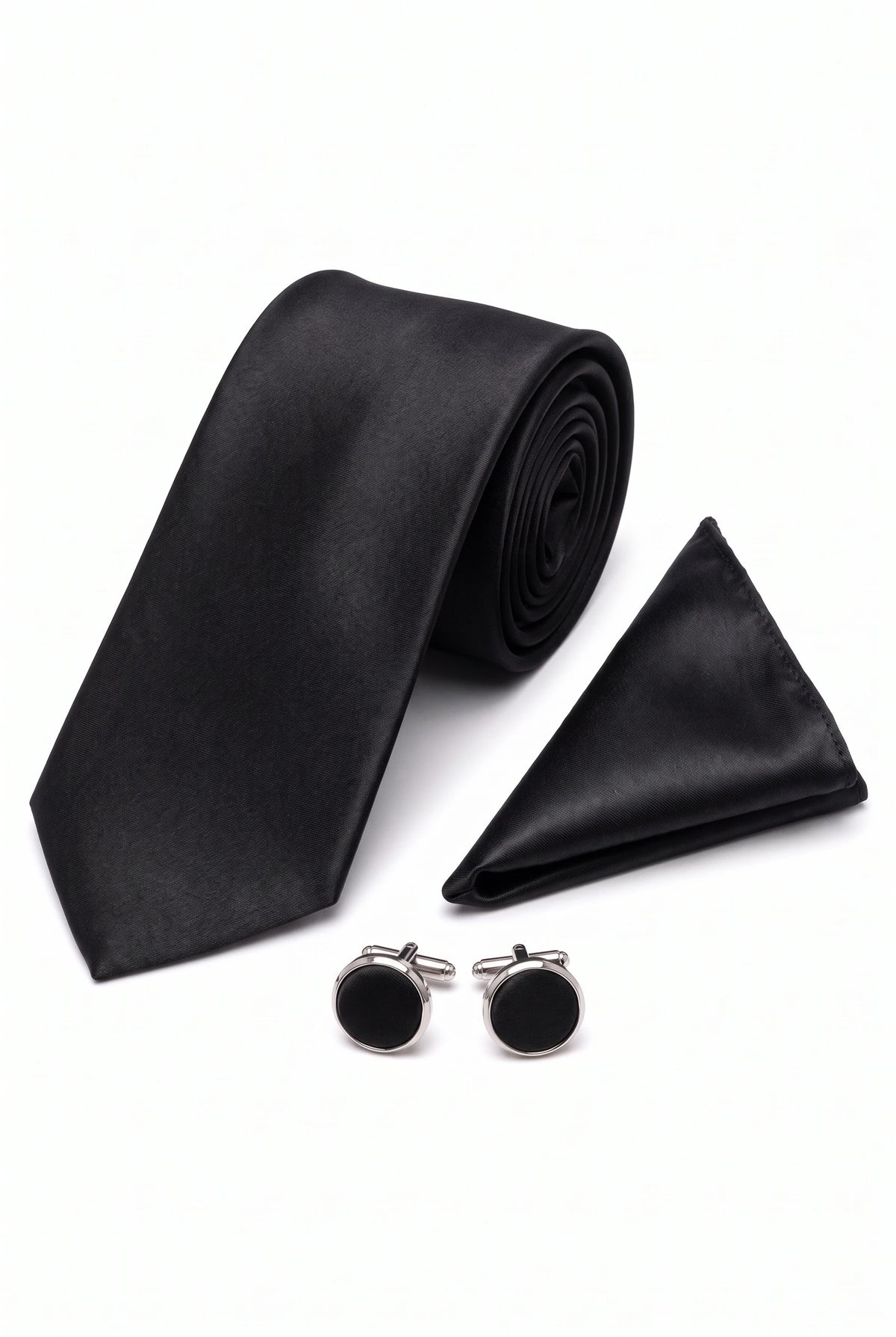 Men’s Black Tie Set with Pocket Square and Cufflinks