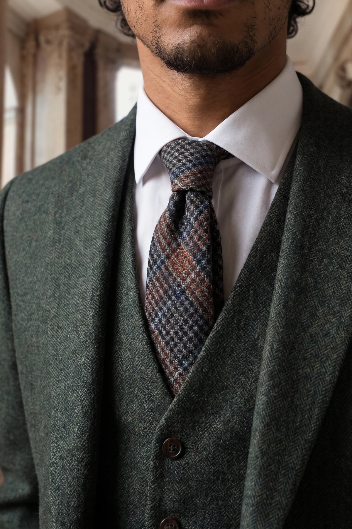 Men’s Brown Herringbone Check Wool Blend Tie