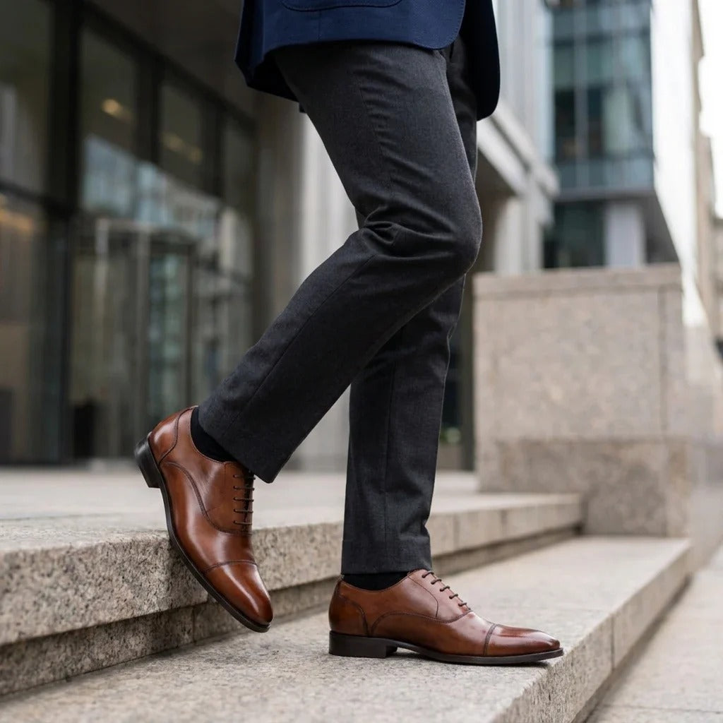 Men's Brown Plain Leather Cap-Toe Derby Shoes