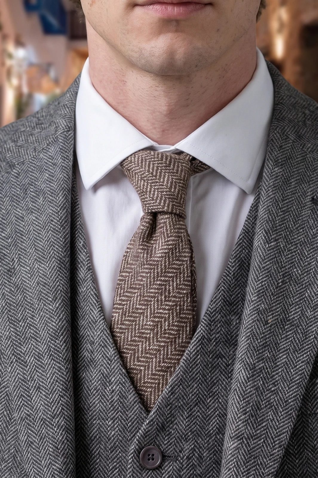 Men’s Brown Tweed Herringbone Check Tie