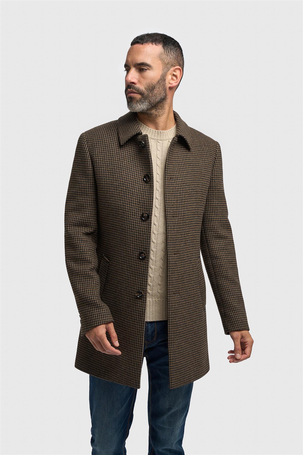 Men's Brown Wool Blend Houndstooth Tweed Overcoat