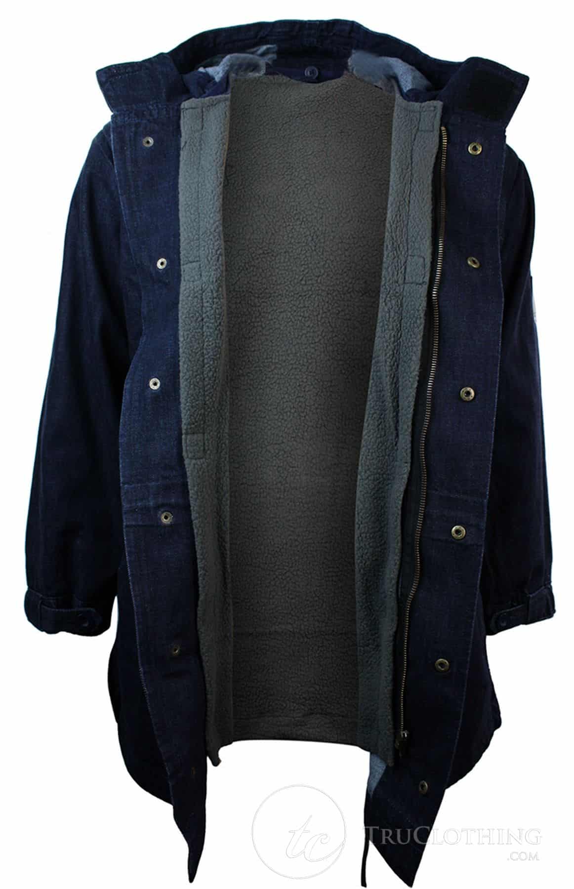 Mens Denim Overcoat Hooded Jeans Jacket Fleece Lined 3/4 Trench