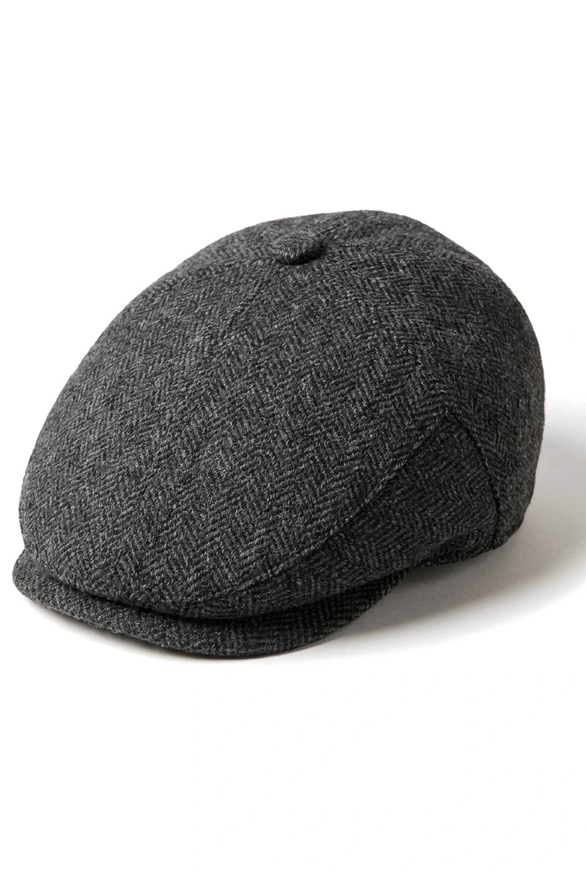 Men's Flat Cap Wool Herringbone Charcoal Tweed Classic 1920s Unisex Del Boy