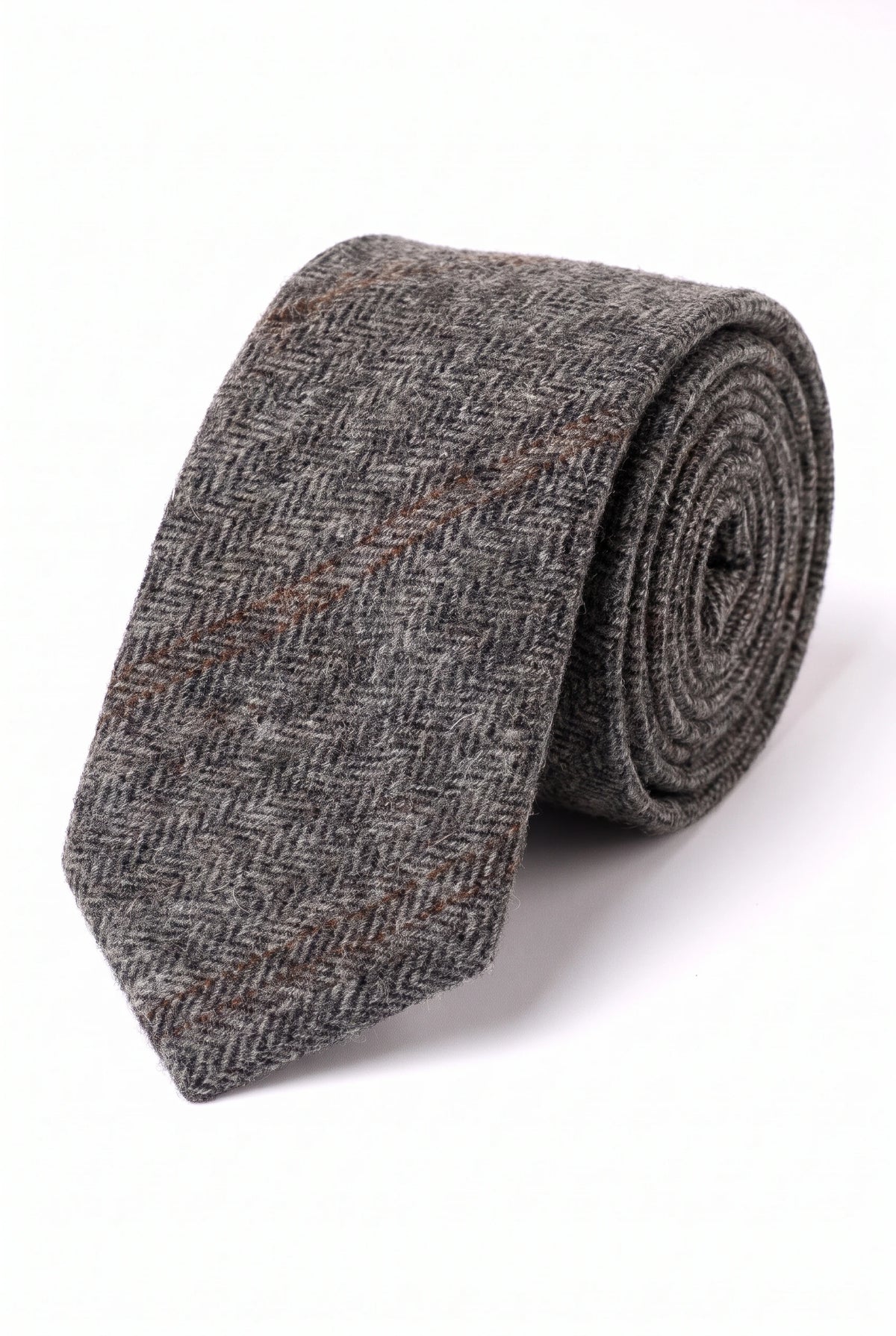 Men’s Grey Herringbone Check Wool Blend Tweed Tie