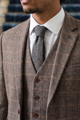 Men’s Grey Herringbone Check Wool Blend Tweed Tie