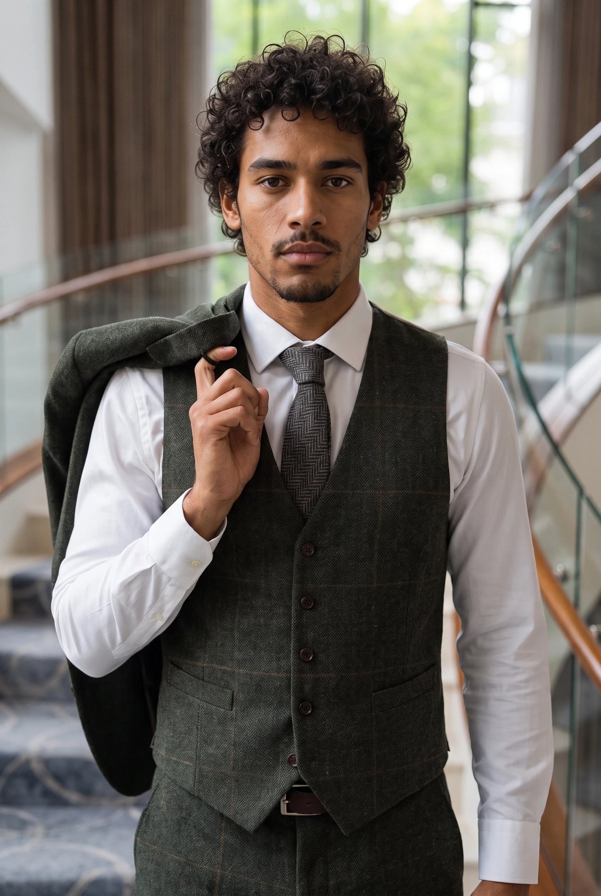 Men’s Grey Herringbone Check Wool Blend Tweed Tie