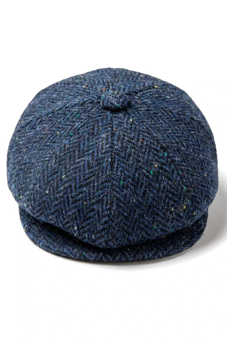 Mens Herringbone Blue Tweed 8 Panel Cap