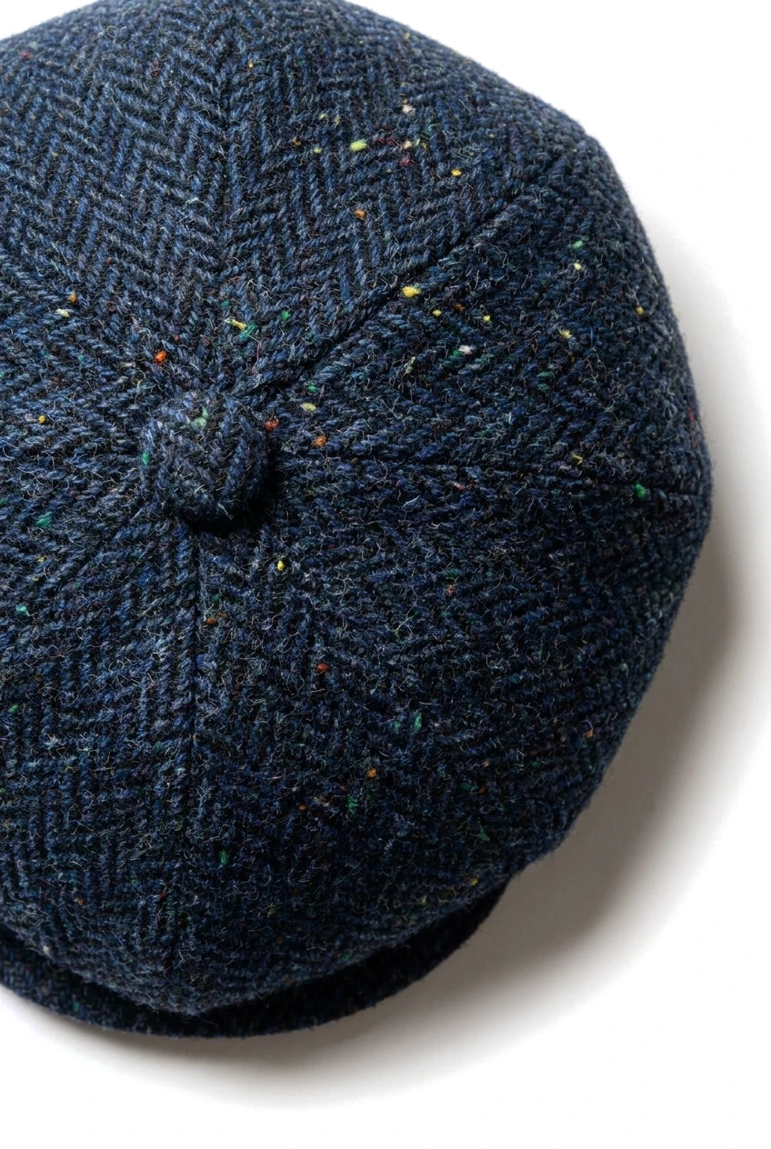 Mens Herringbone Blue Tweed 8 Panel Cap