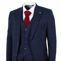 IM54 - Men's Navy Blue Check Tailored Fit 3 Piece Suit