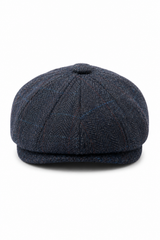 Men's Navy Blue Wool Blend Tweed Newsboy Flat Cap