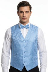 Men's Paisley Floral 3 Piece Bow Tie Hankie Waistcoat Set - Sky