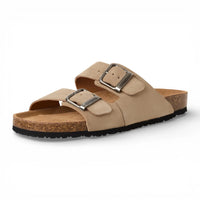 Men's Sand Beige Leather Slip-On Footbed Slipper Sandals