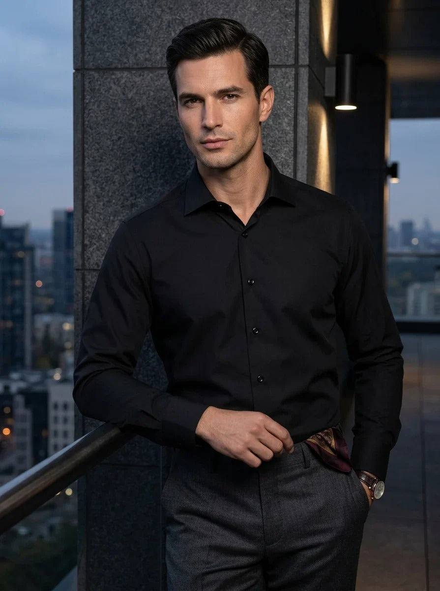 Men's Slim Fit Long Sleeve Button-Down Dress Shirt - Black