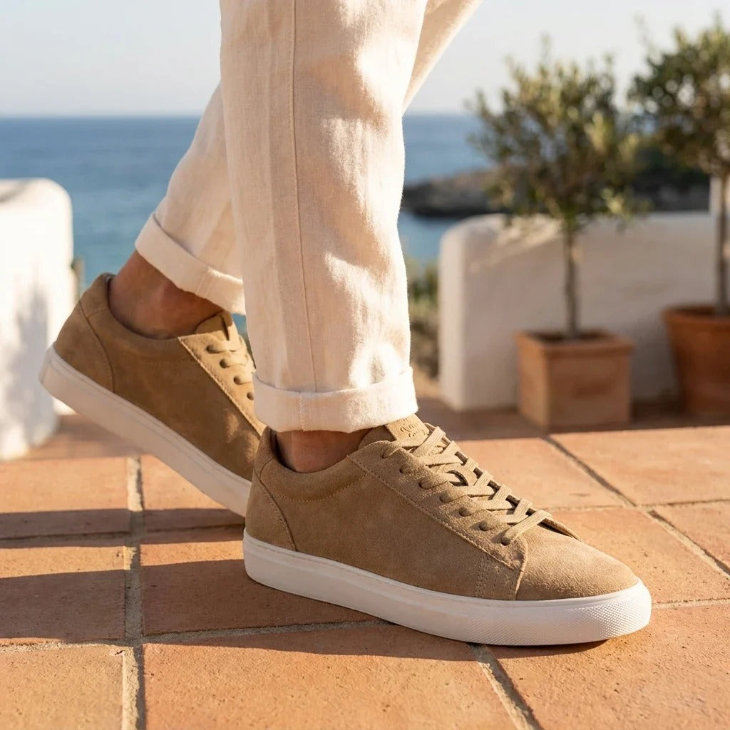 Men's Stone Grey Suede Leather Lace-Up Casual Sneakers