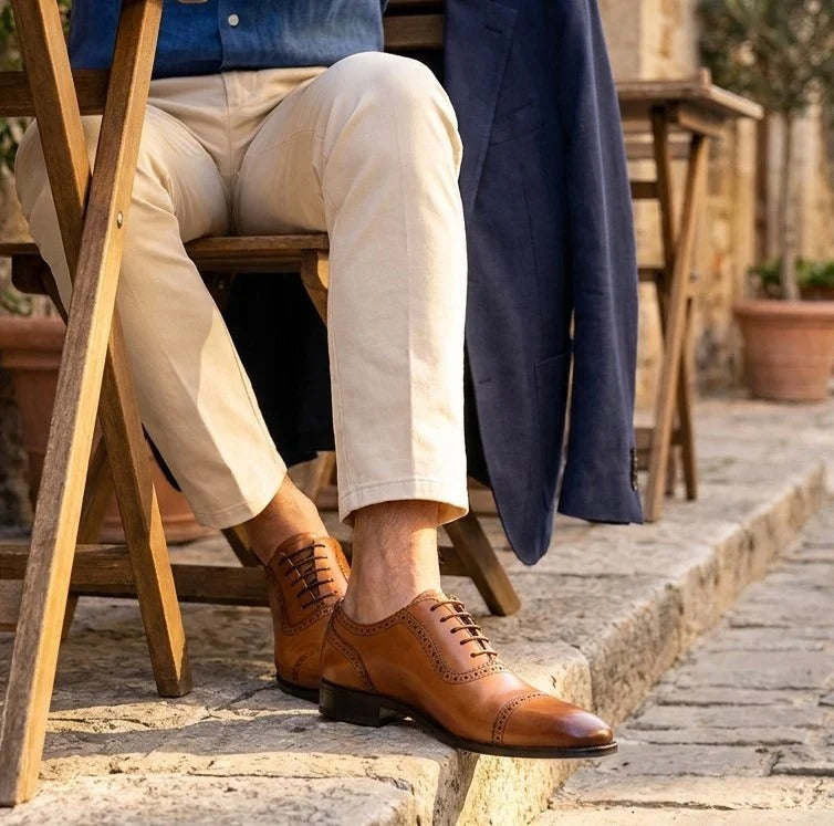 Men's Tan Brown Leather Cap-Toe Oxford Shoes