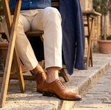Men's Tan Brown Leather Cap-Toe Oxford Shoes