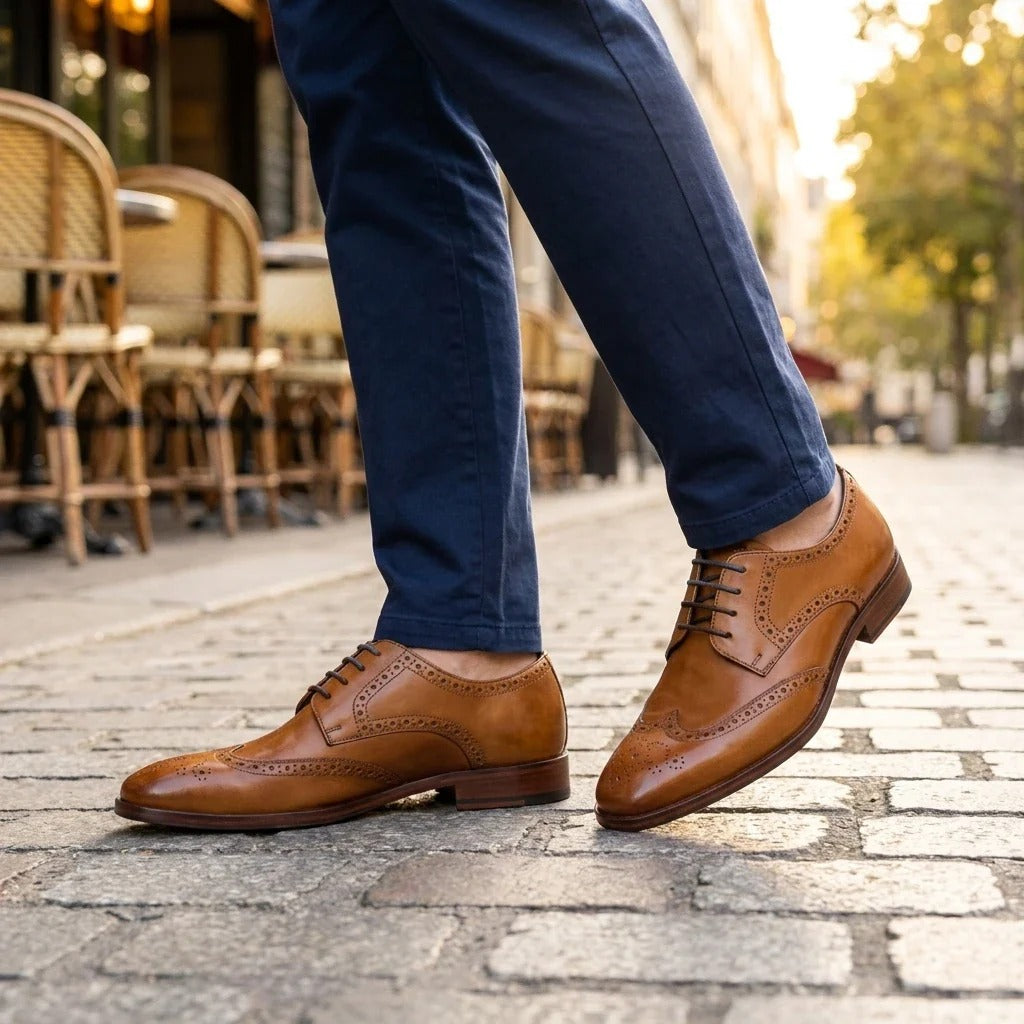 Men's Tan Brown Leather Classic Formal Lace-Up Brogue Shoes