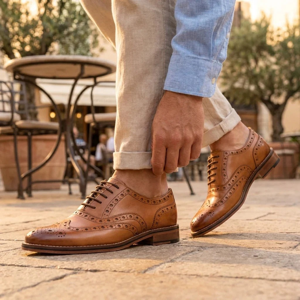 Men's Tan Brown Leather Wingtip Brogue Oxford Shoes