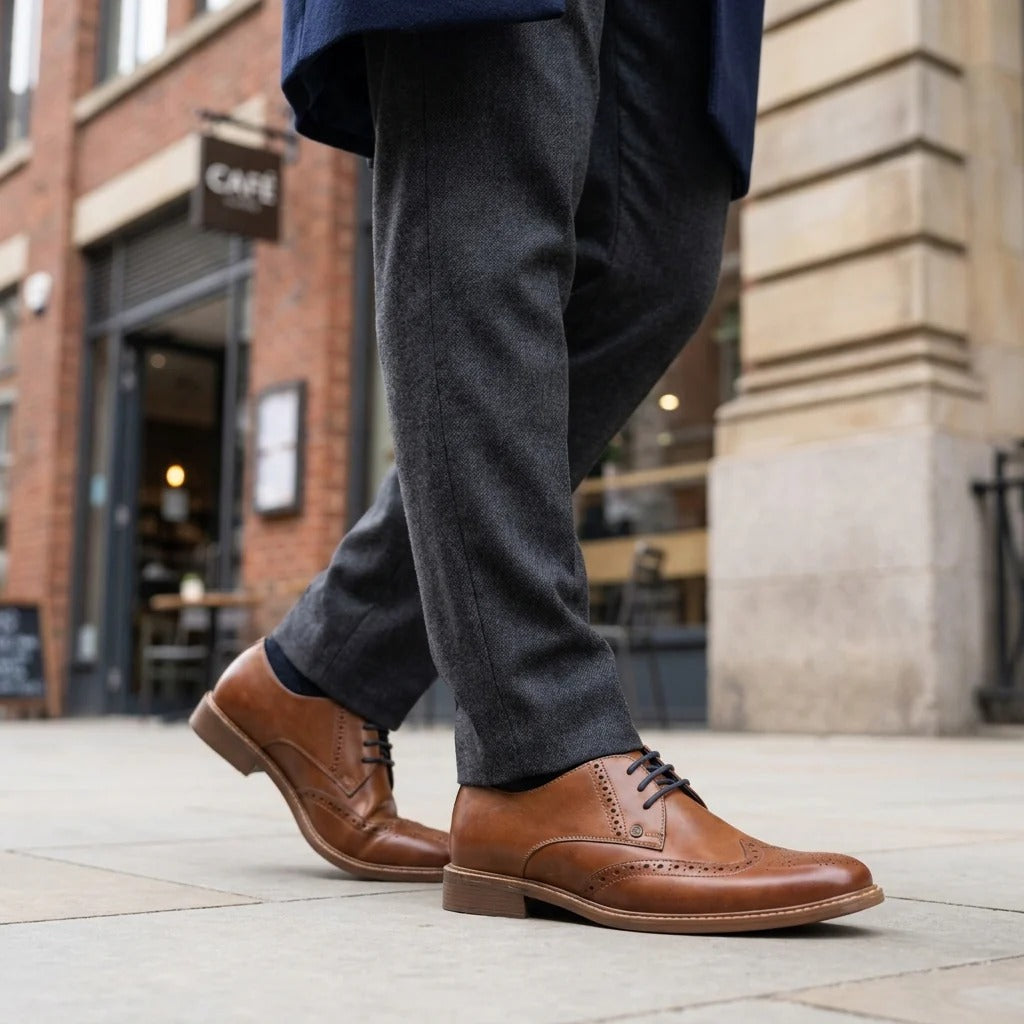 Men's Tan Leather Wingtip Oxford Brogue Dress Shoes