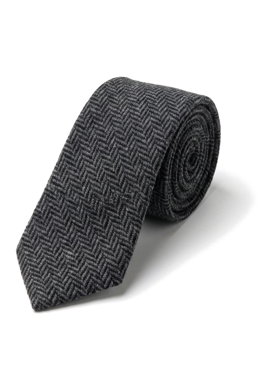 Men's Tweed Charcoal Tie Hankie Set Classic British Heritage Wool Herringbone