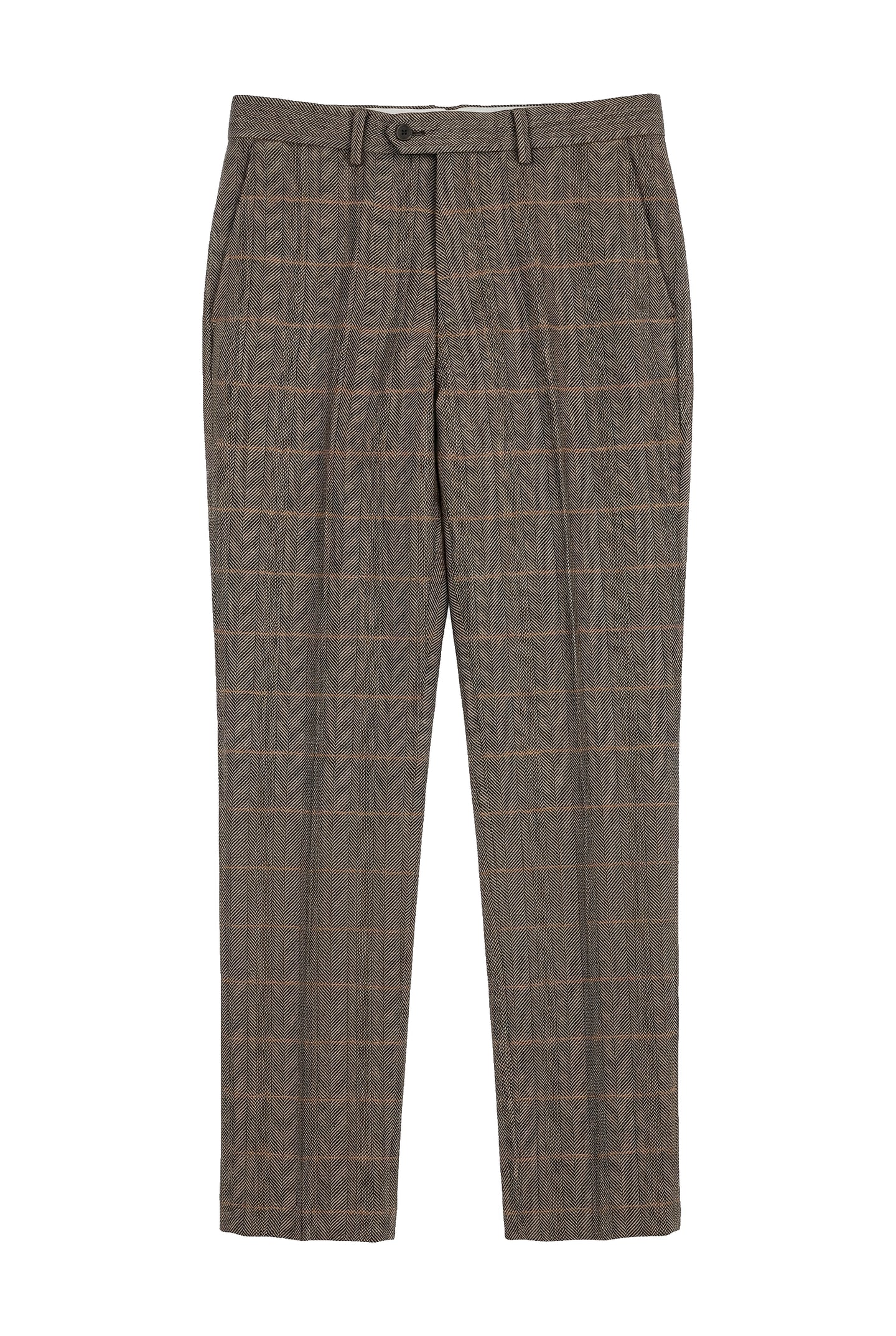 Dx-7 - Men's Tweed Check Trouser Herringbone Tan Brown Regular
