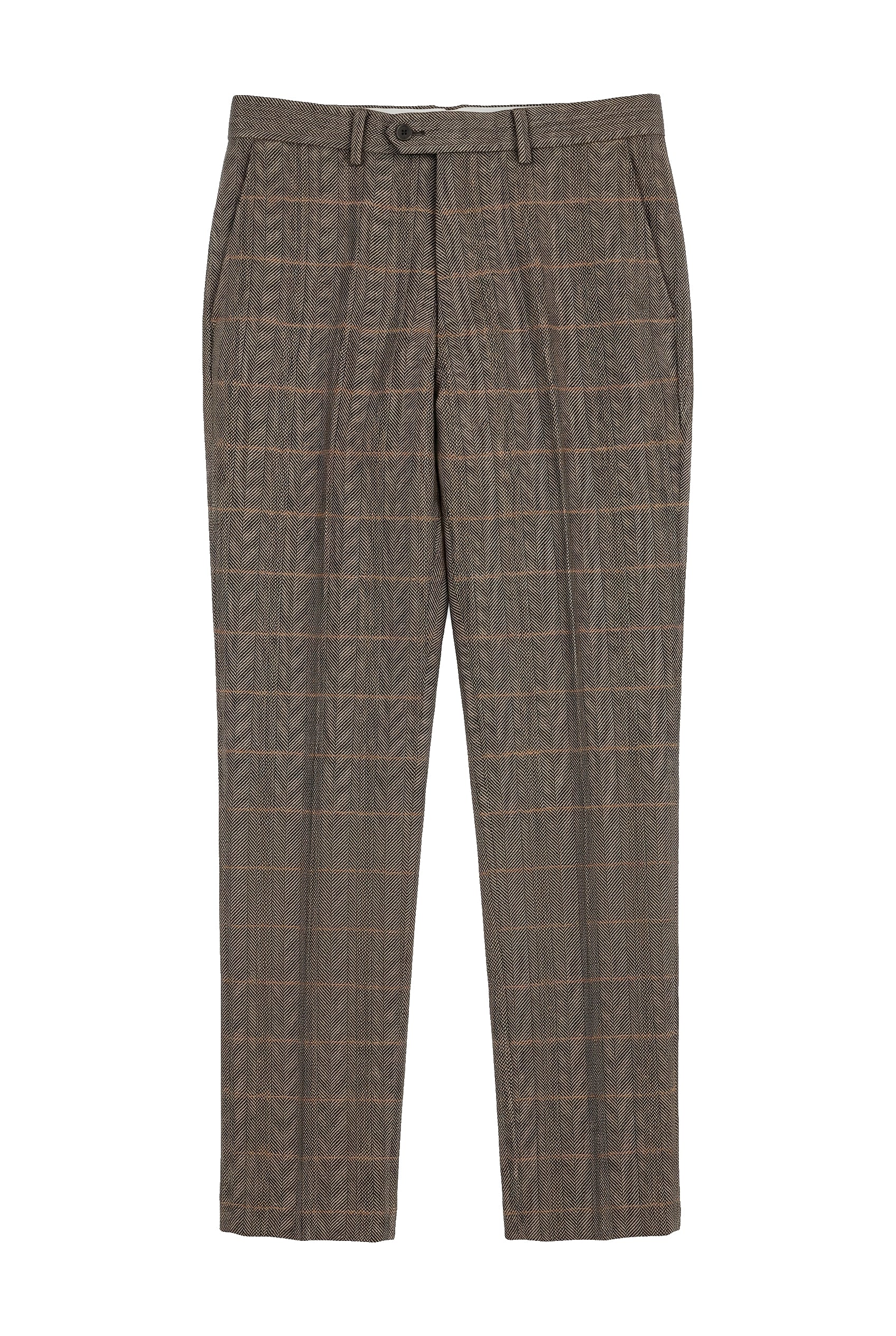 Dx-7 - Men's Tweed Check Trouser Herringbone Tan Brown Regular
