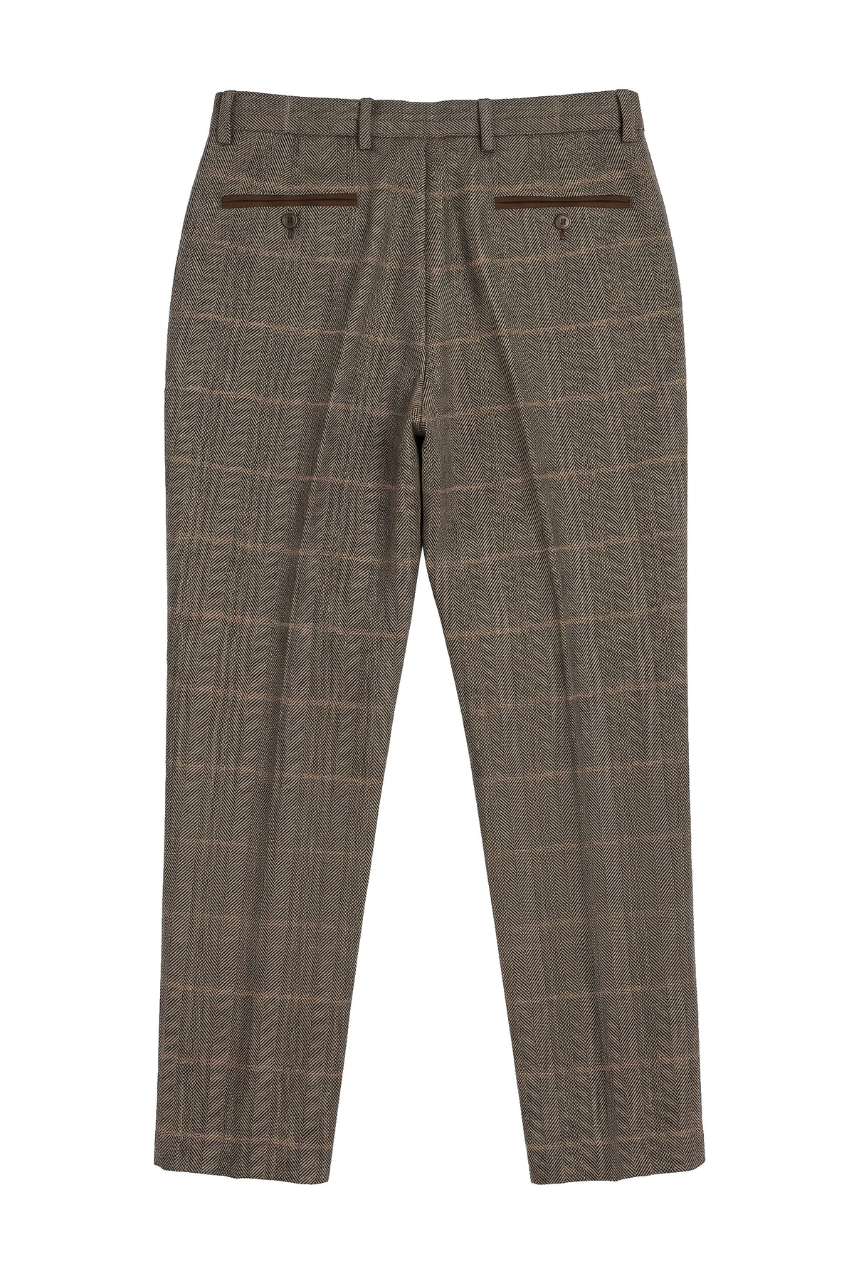 Dx-7 - Men's Tweed Check Trouser Herringbone Tan Brown Regular