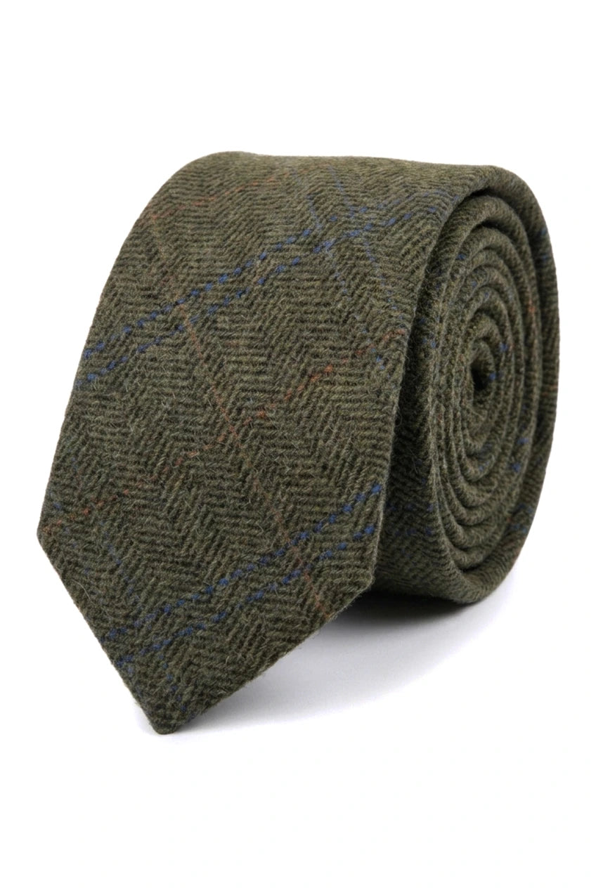 Men's Wool Blend Herringbone Plaid Tweed Tie - Olive
