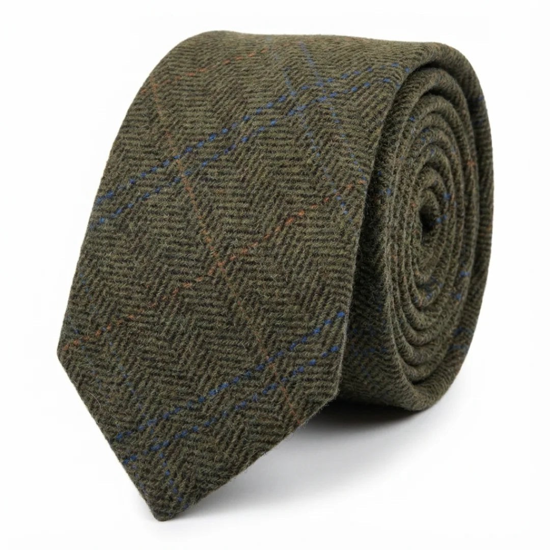 Men's Wool Blend Herringbone Plaid Tweed Tie - Olive