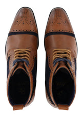 Mens Tan/Navy Leather & Velvet Akle Boots