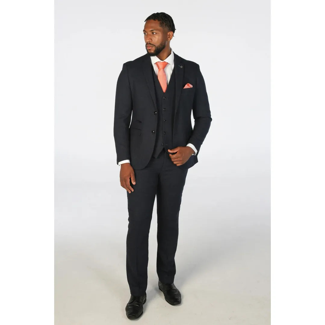 Oscar - Men's 3 Piece Navy Blue Wool Blend Tweed Suit Oscar - Men's 3 Piece Navy Blue Wool Blend Tweed Suit