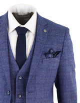 Mens Tweed Blue 3 Piece Check Suit Pocket Watch Tailored Fit Peaky Blinders