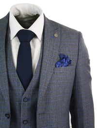 Paul Andrew Henry - Mens 3 Piece Tailored Fit Prince Of Wales Check Grey Blue Tweed Suit Vintage Retro