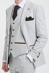 Mark Men's Grey Stone 3-Piece Tweed Check Suit with Brown Trim for Weddings and Proms