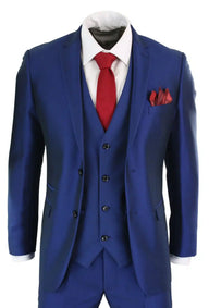 Mens 3 Piece Shiny Blue Wedding Prom Party Suit Tailored Fit Smart Formal