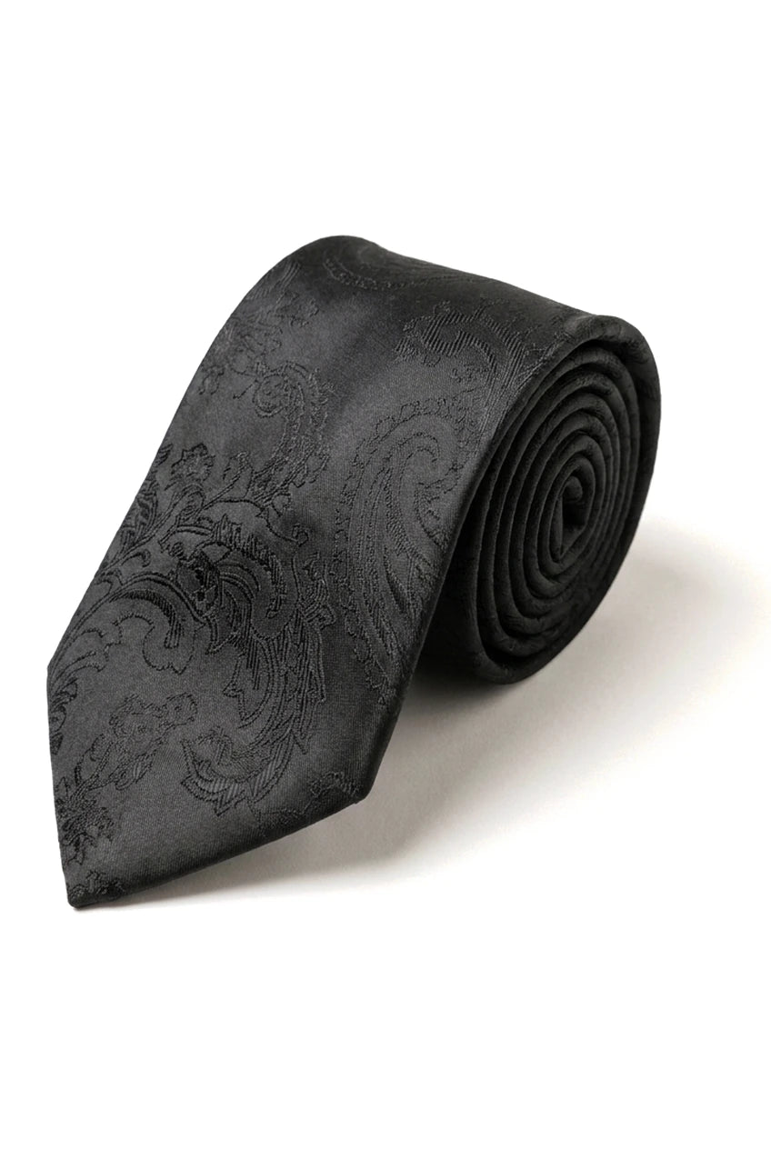 Paisley Neck Black Tie Gift Set Pocket Square Cuff Links Floral Satin
