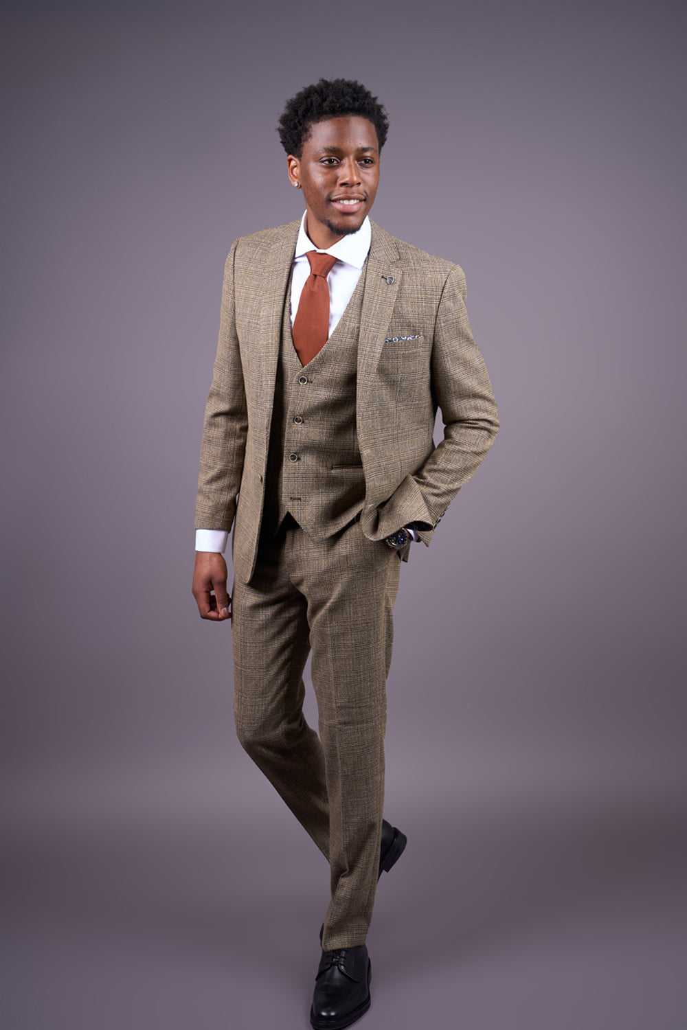 Men's Tan Brown Classic Check Slim Fit 3 Piece Suit - Buy Online at Happy Gentleman Men's Tan Brown Classic Check Slim Fit 3 Piece Suit - Buy Online at Happy Gentleman