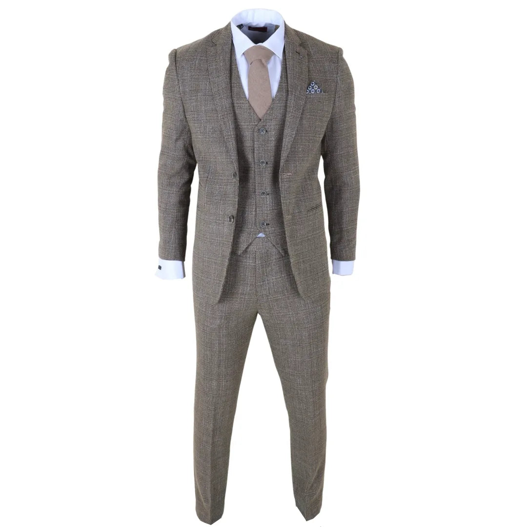 Men's Tan Brown Classic Check Slim Fit 3 Piece Suit