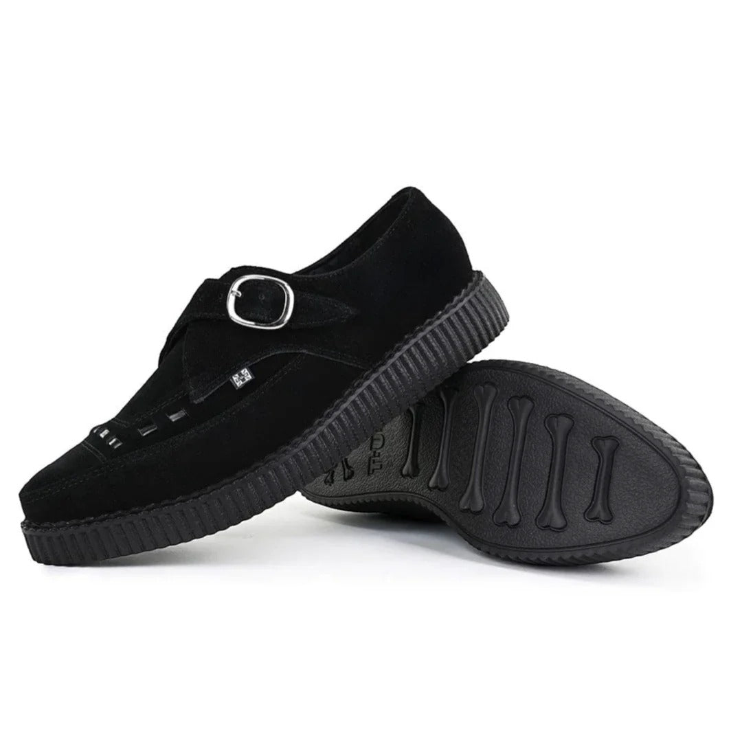 Pointed Creeper Black Suede Monk Buckle Platform Shoes
