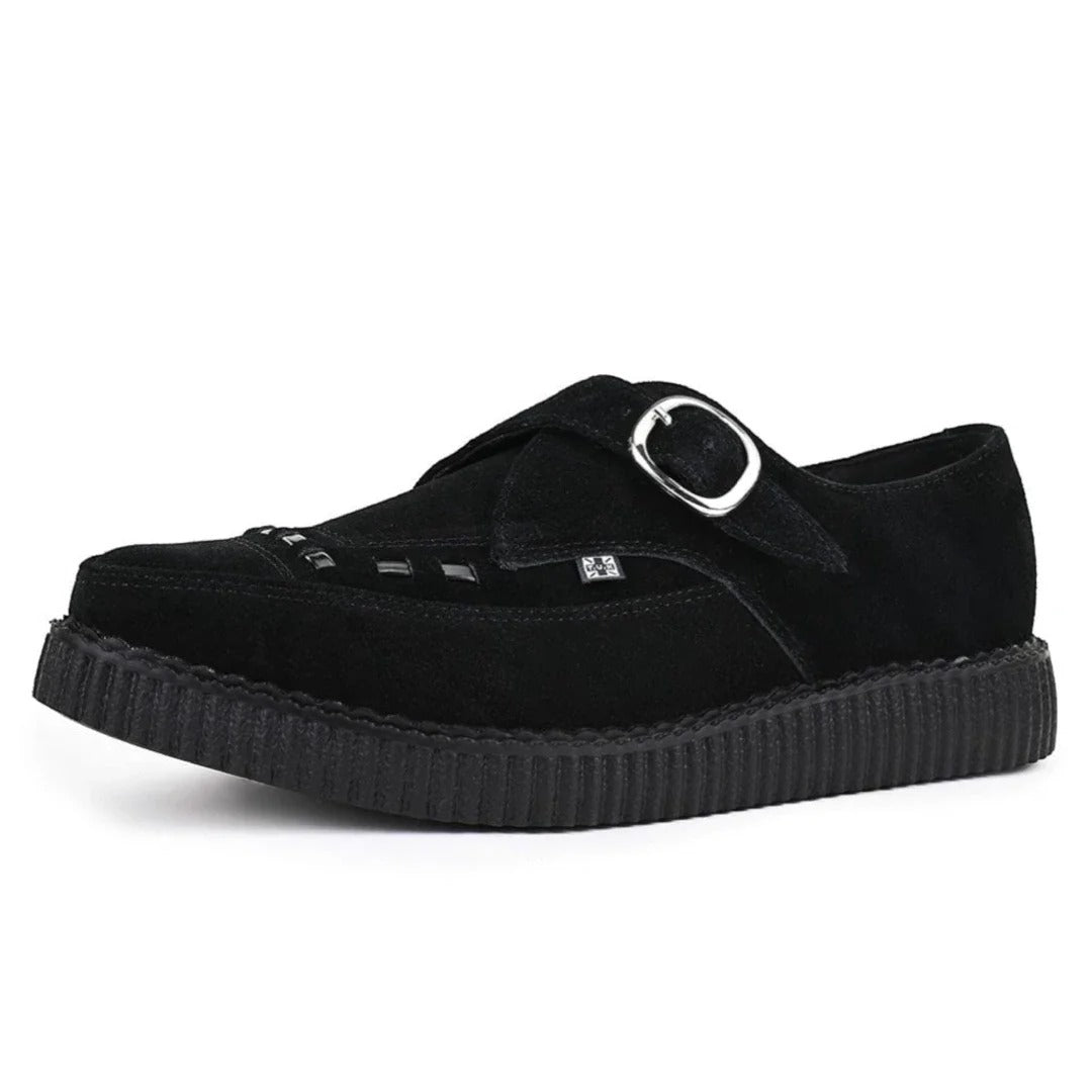 Pointed Creeper Black Suede Monk Buckle Platform Shoes