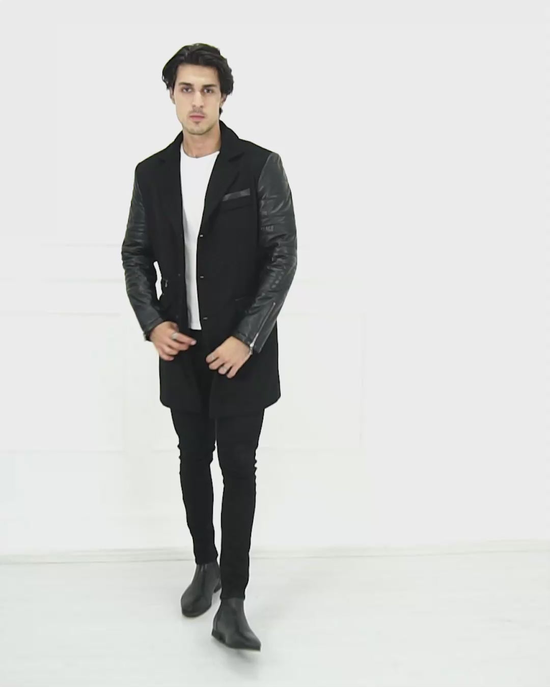 Mens Tweed Cashmere Wool Overcoat with Real Leather Sleeves Black