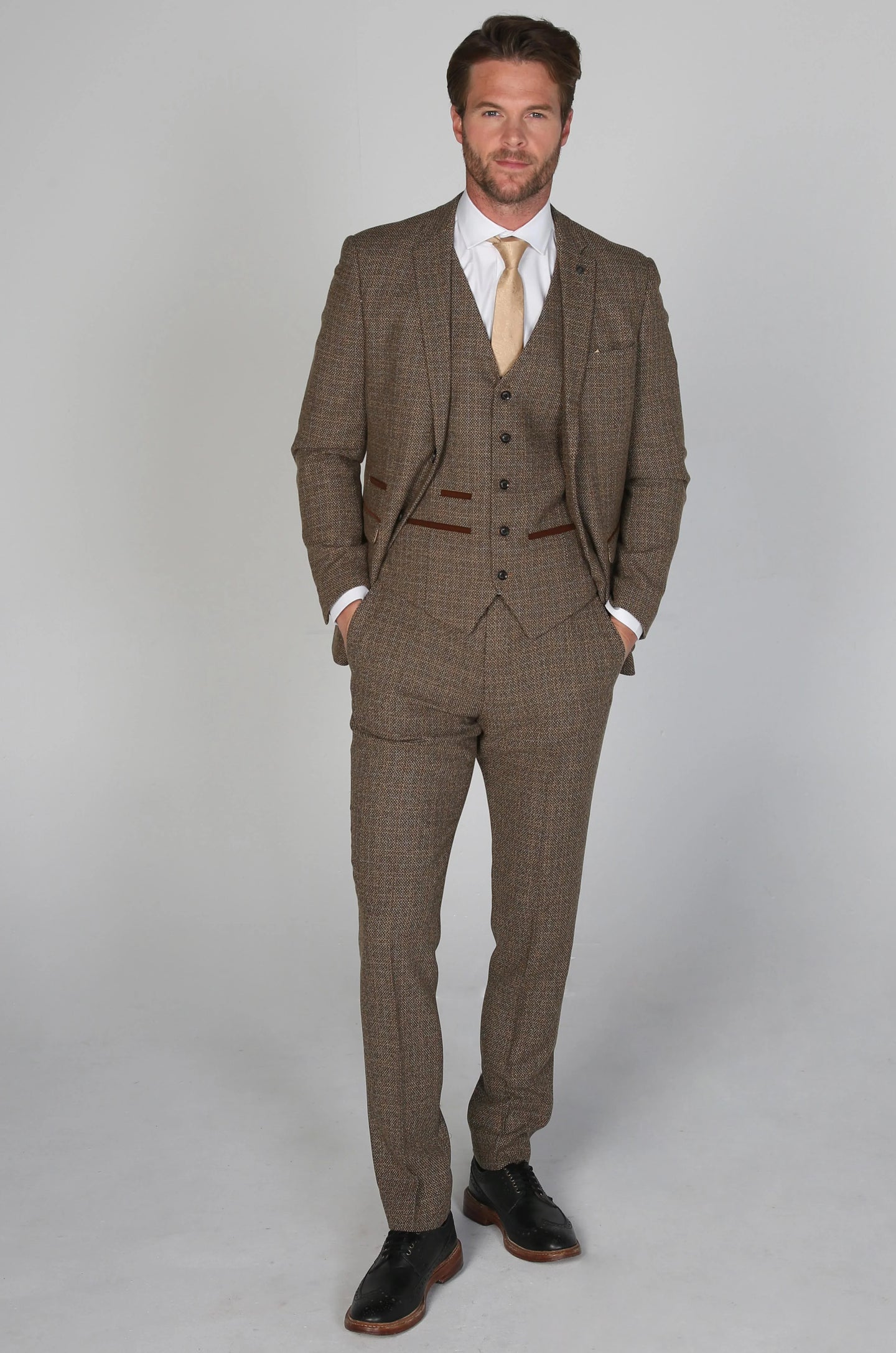 Mens 3 Piece Tweed Check Suit - Brown