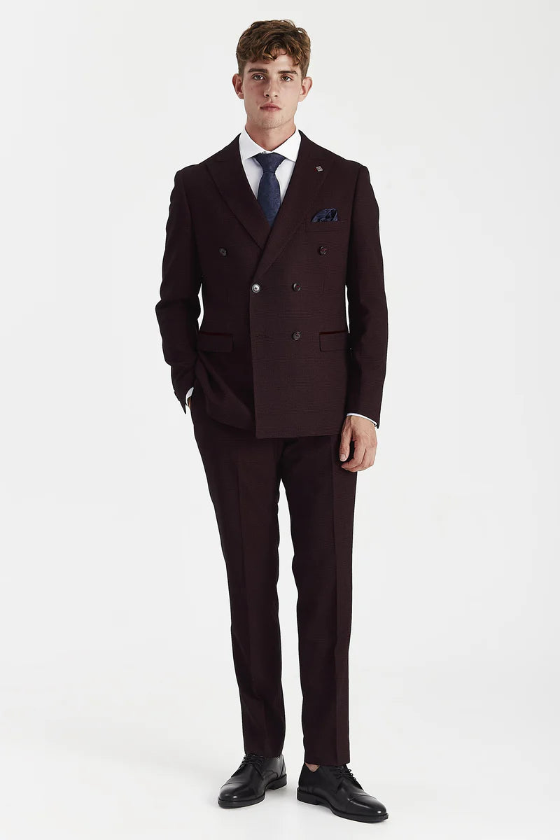 Regent - Brugundy Checked Double Breasted Blazer for Men