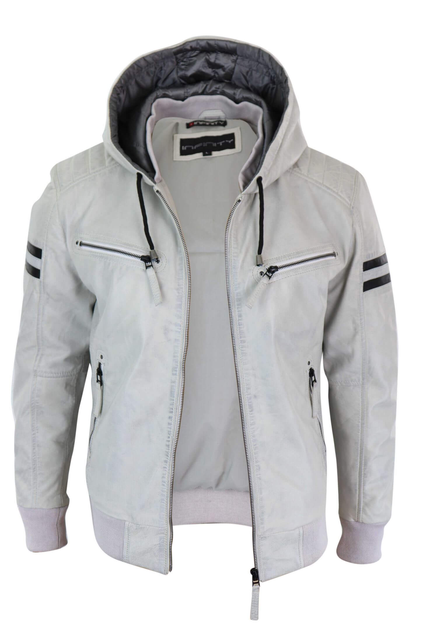 Men's Real Leather Bomber Jacket with Hood-White: Buy Online