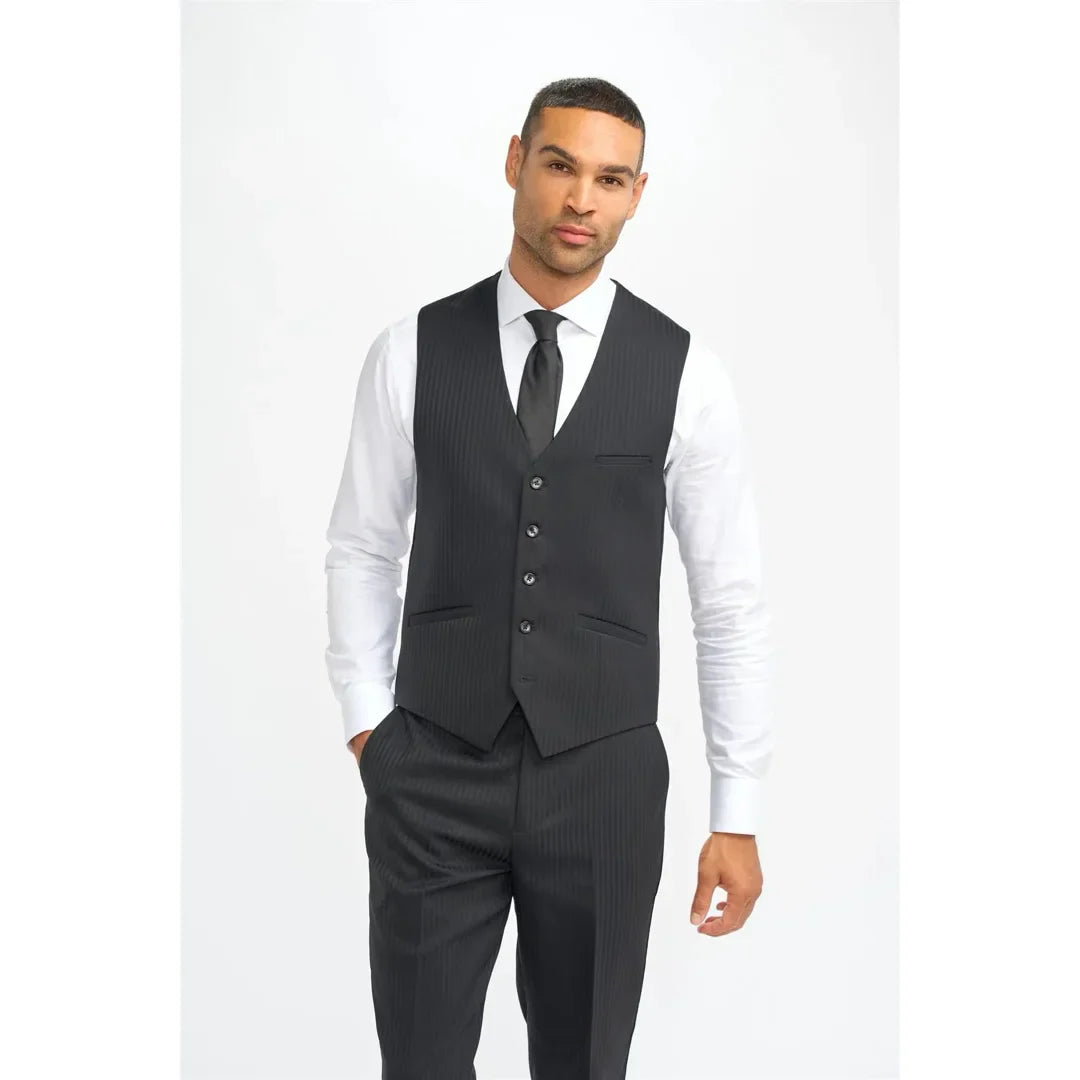 Roberto - Men's Black Shadow Stripes Waistcoat